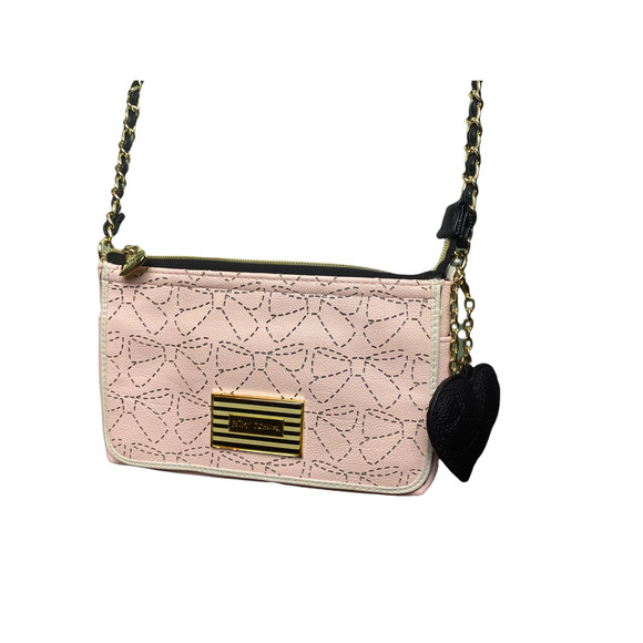 Betsey Johnson Handbags - Betsey Johnson Small Pink Faux Leather Bow Pattern Chain Strap Crossbody Purse